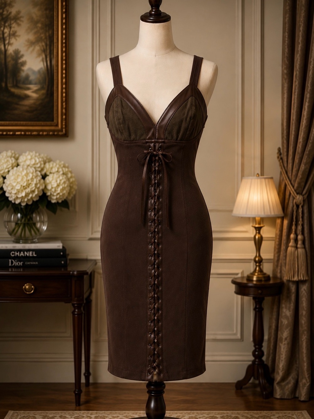 Vintage Marcello Soltan Brown Corset Dress Lace Up Designer Y2K Old Money